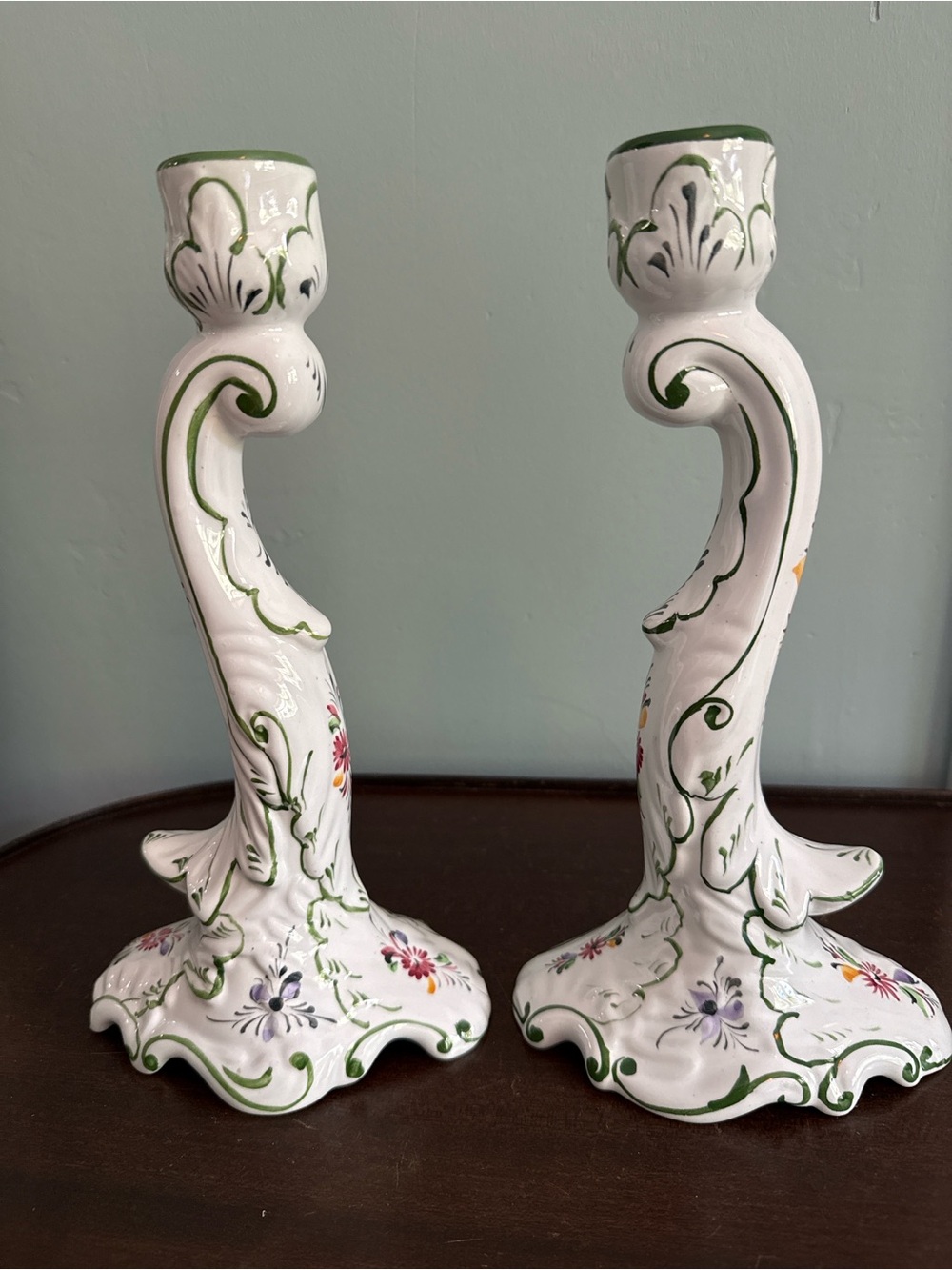 Vintage Portuguese Hand Painted Ceramic Candlestick Holders Pair Rococo
